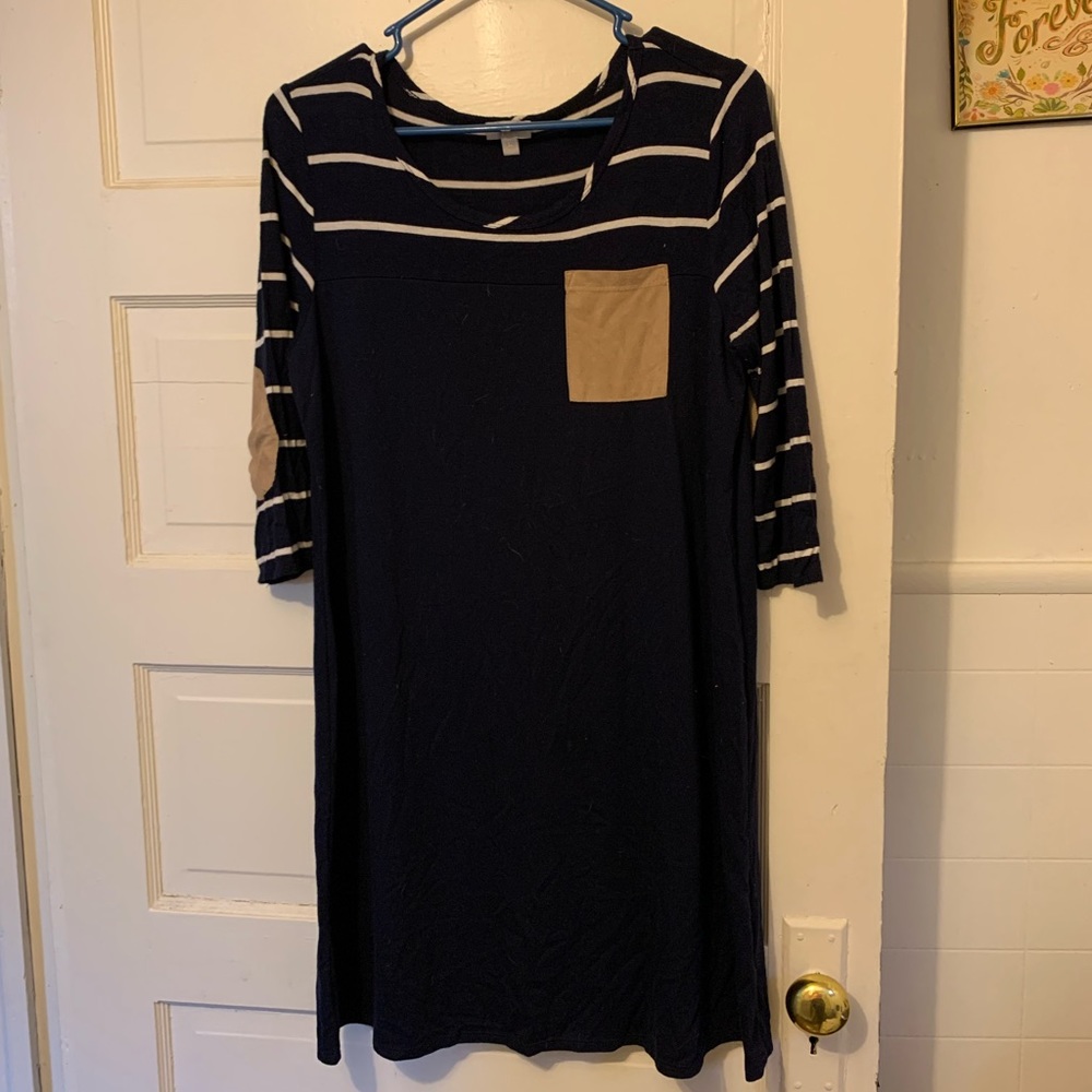 Suede Arm Patch & Pocket Stripe Dress